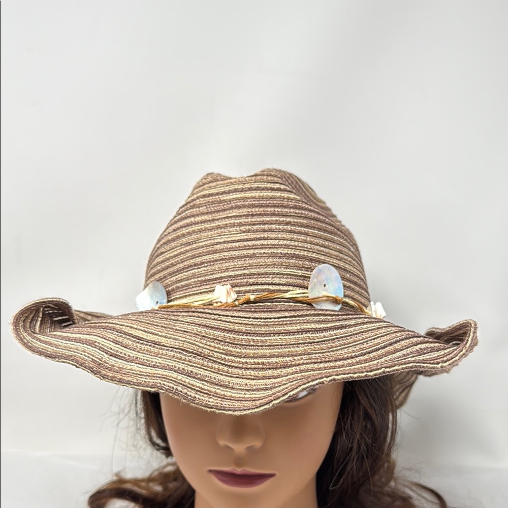 Scala Western Style Brown Braided Floppy Sun Hat Shell Band Boho Coastal Cowgirl
